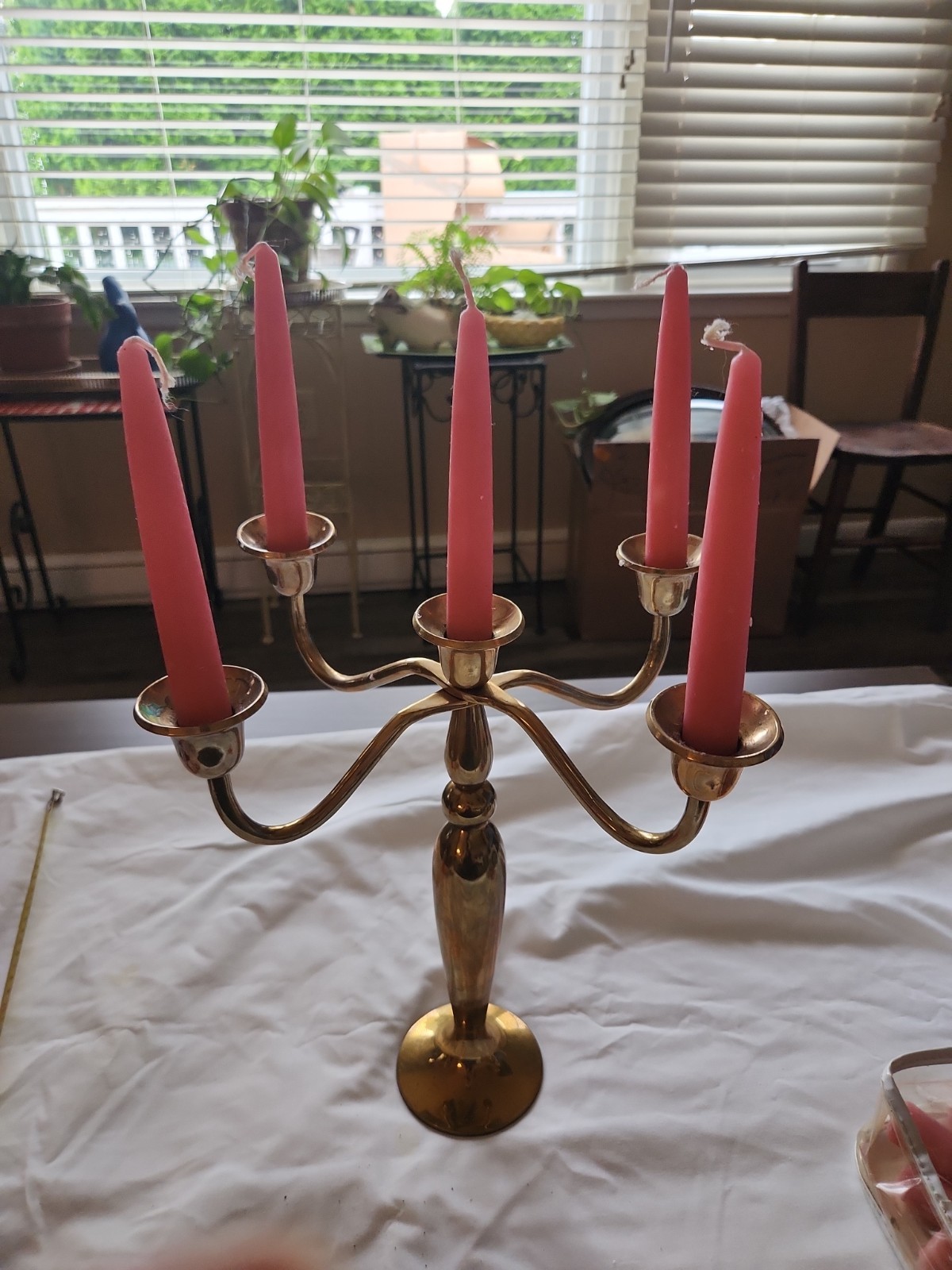 Vintage Solid Brass 5 Arm Candelabra Heavy Gold Tone Candle Holder Decor