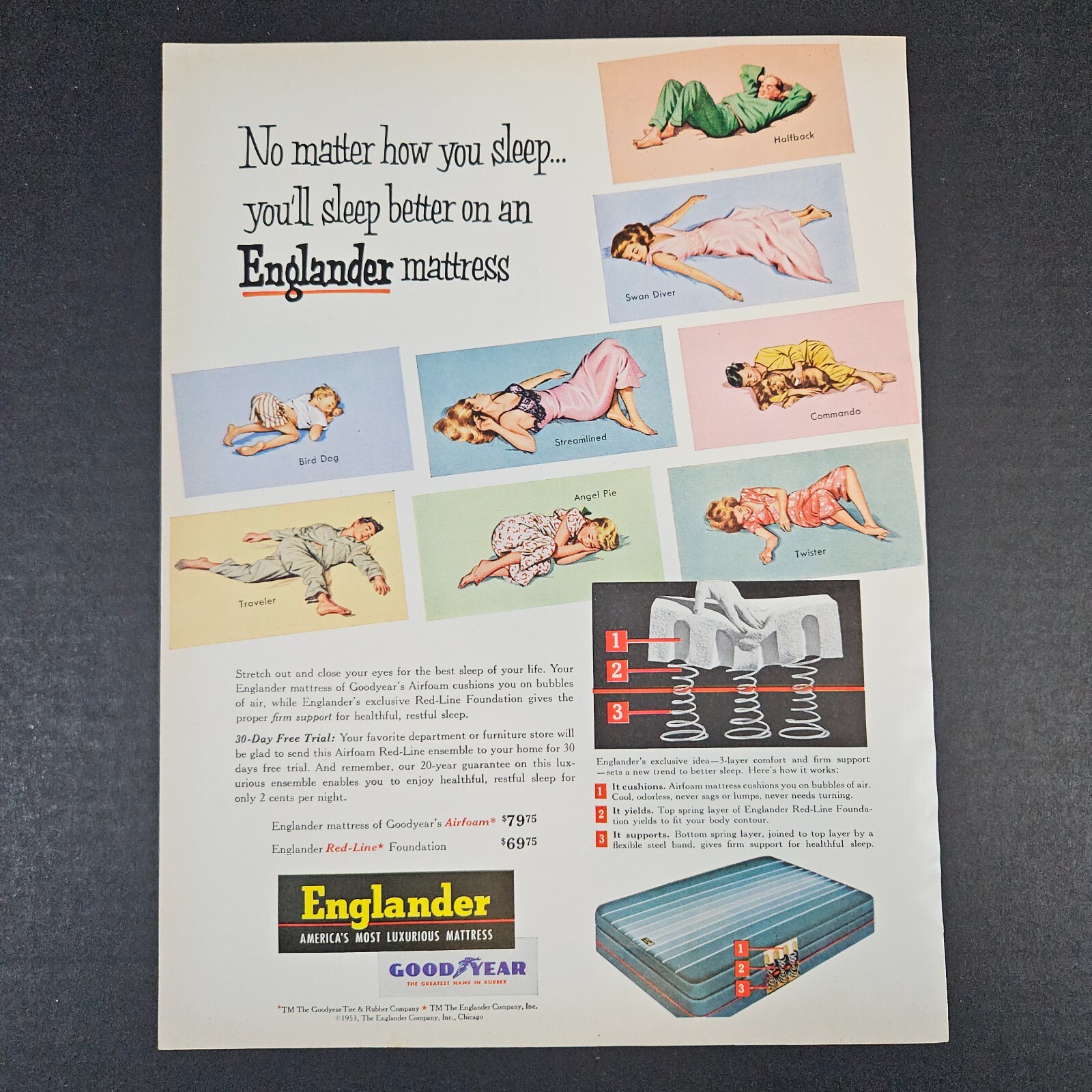 1953 Englander Mattress Goodyear Vintage Print Ad Sleeping Women Men Children