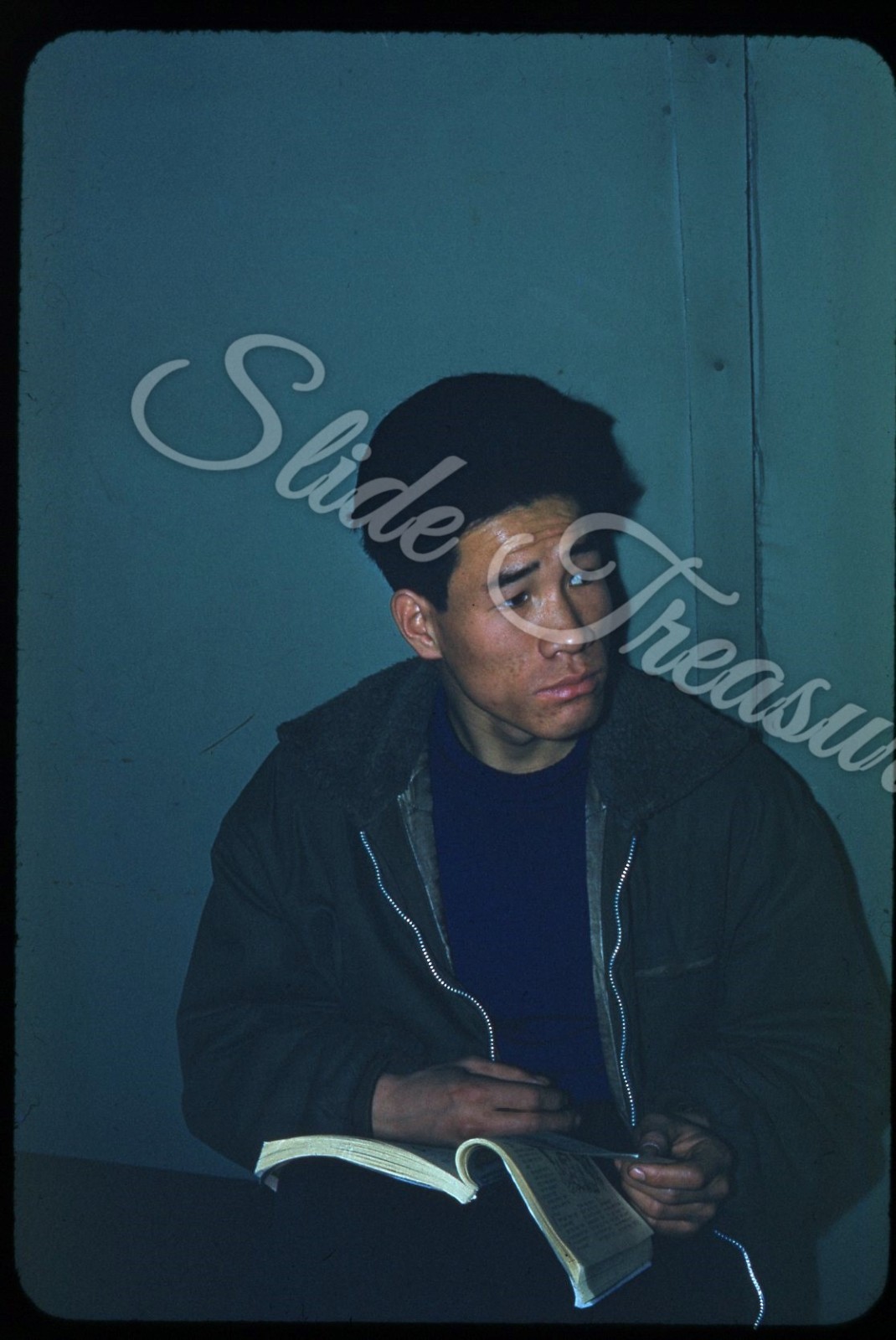 Korea Man Handsome Reading Book 35mm Slide 1950s Red Border Kodachrome