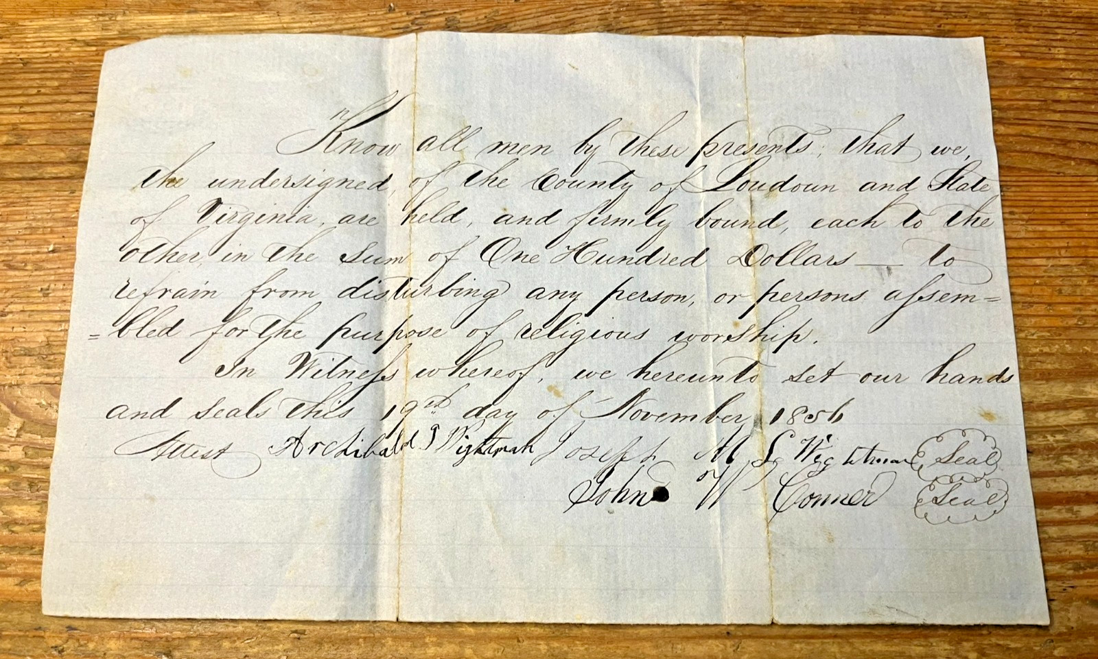 1856 Loudoun County VA Contract Antique Document Religious Worship Signed