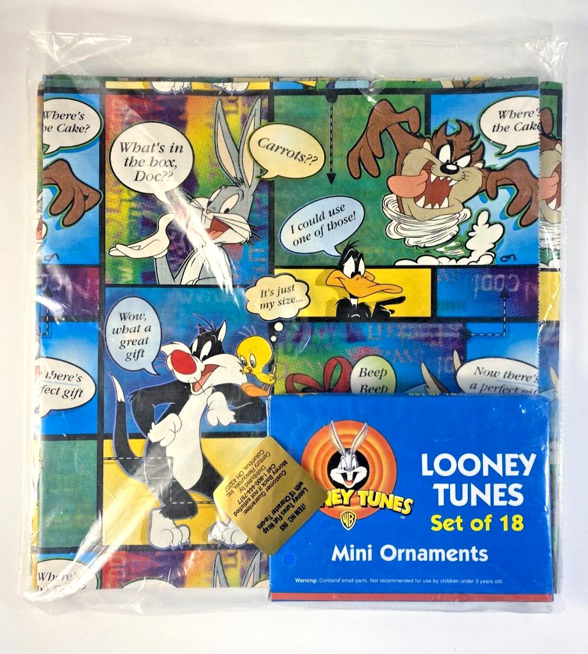 18 Mini Looney Tunes Character Ornaments Plus Flat Wrapping Paper New Sealed