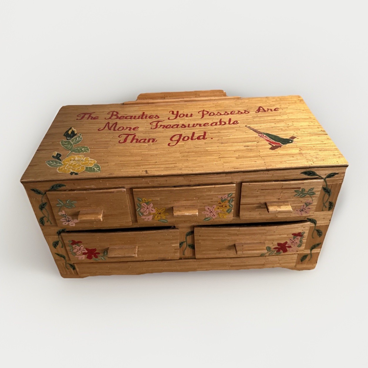 Handmade 1940s Folk Art Jewelry Box Silk Lined Vintage Paper Drawers Tramp Art