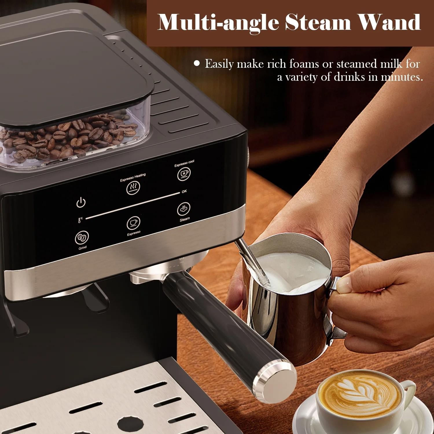 Bluebow Espresso Machine with Grinder 20Bar Semi-Automatic Coffee Maker with