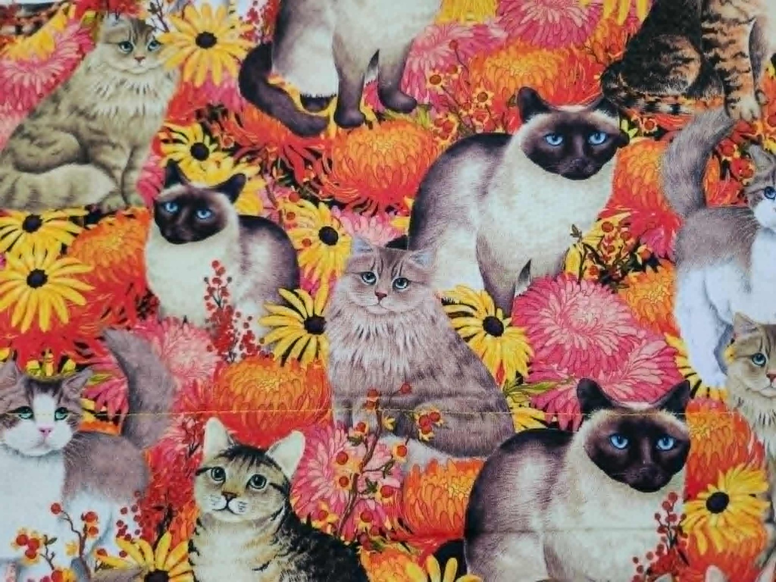Completed Handmade Single Cotton Pillowcase with Cats and Flowers!