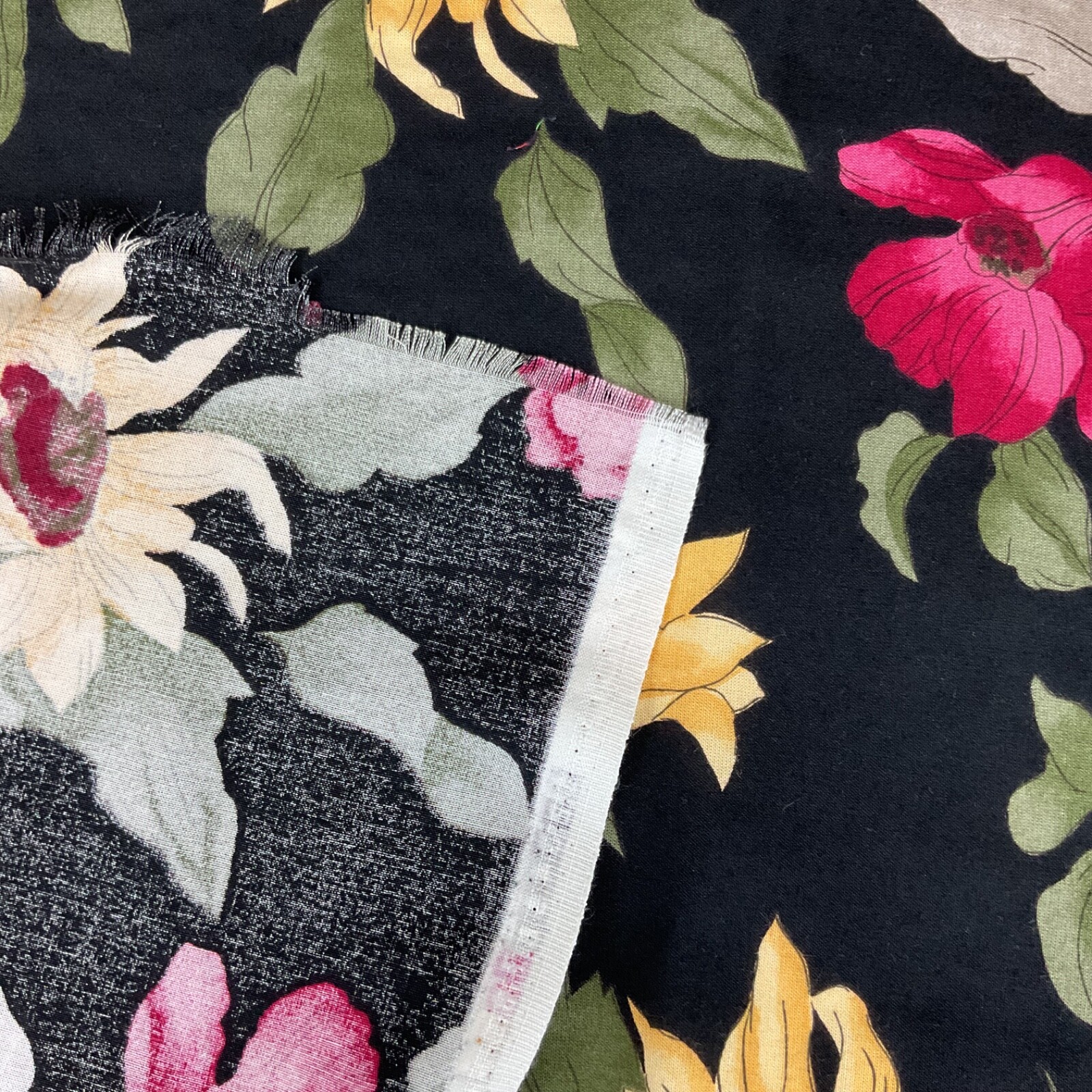 Vintage Mega Textile Corp floral rayon? fabric 34.5” x 60” on black background