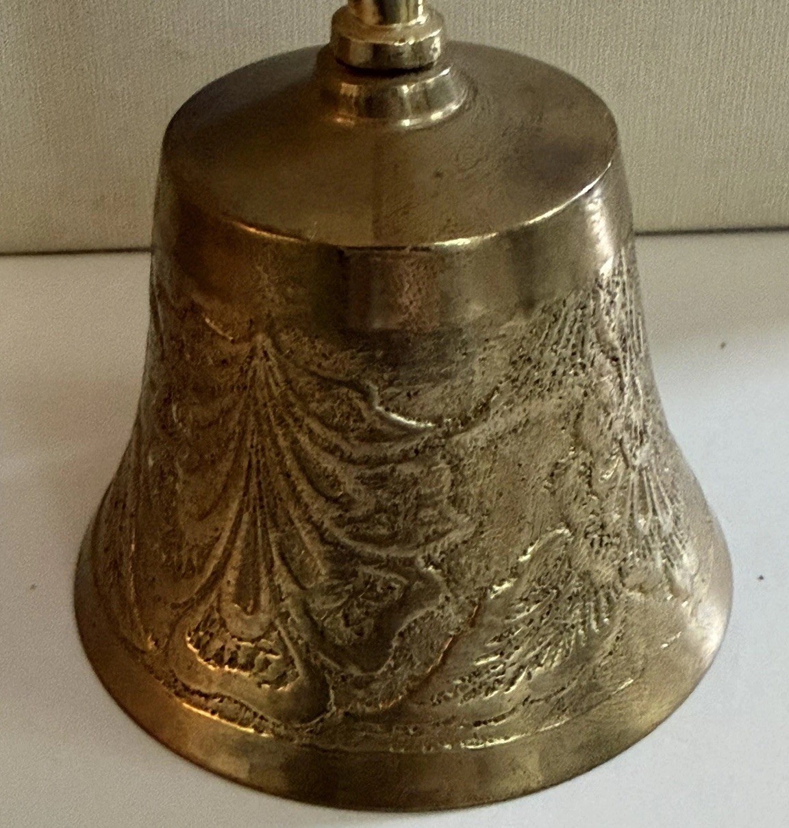 Vtg India Brass Hand Bell Floral Embossed Decorative Bell 7″ Slender Handle