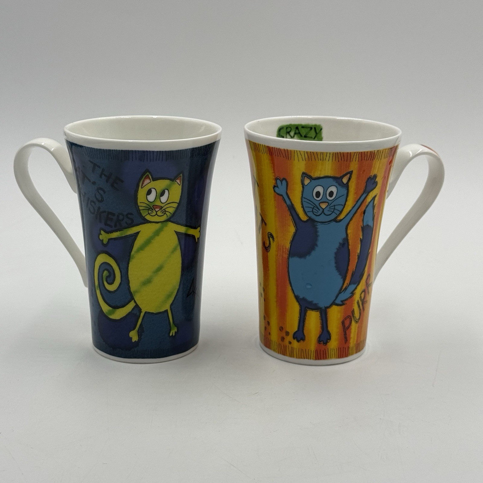 Roy Kirkham Crazy Cats Two Coffee Mugs Bone China England Cats Whiskers Fat Cat