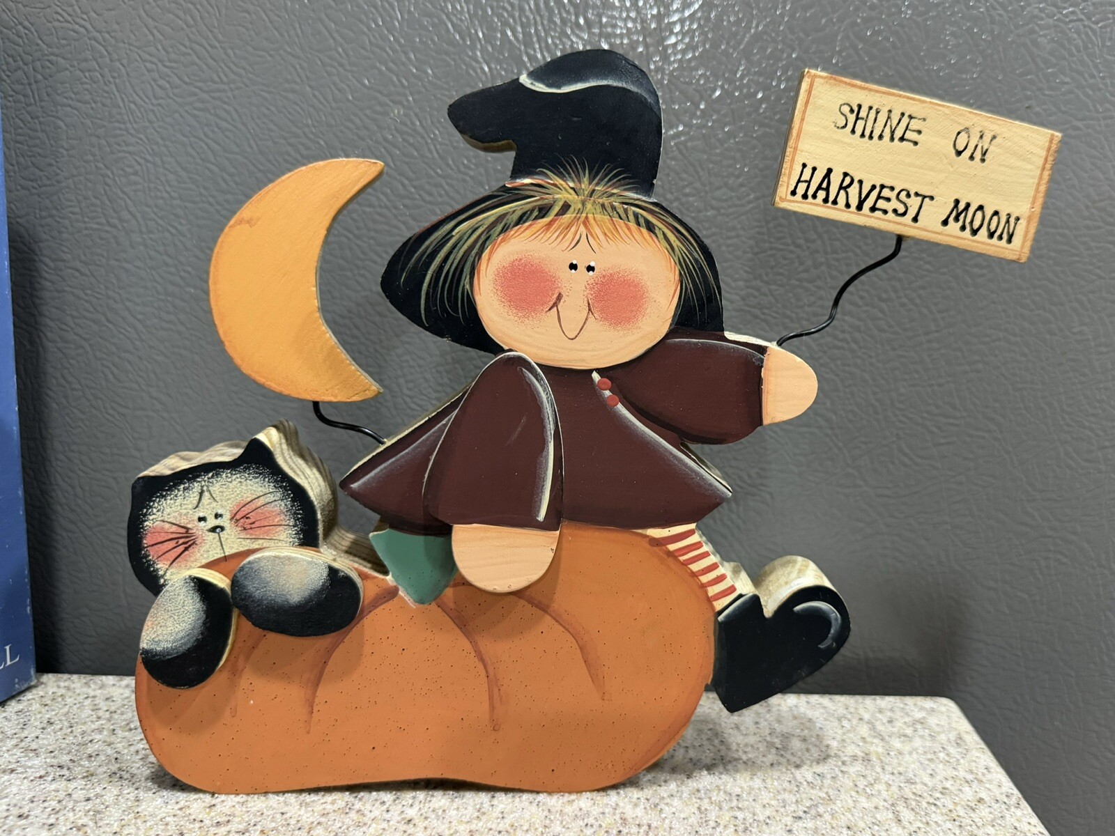 Vtg Wooden Halloween Witch Cat Pumpkin Wall Free Standing Folk Art Orig Box EUC