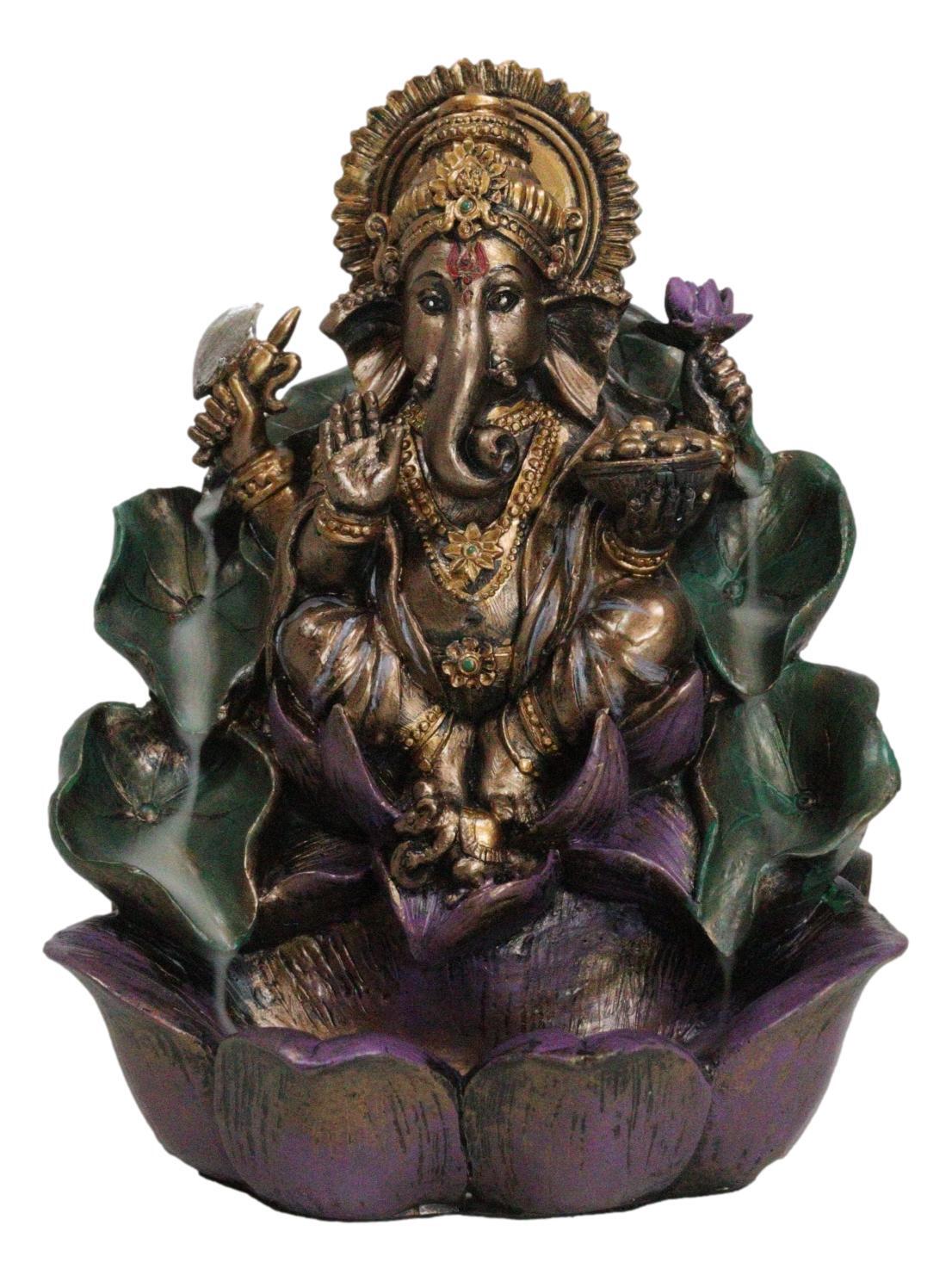 Ebros Hindu Lord Ganesha On Lotus Backflow Cone Incense Burner Statue 6″ Tall