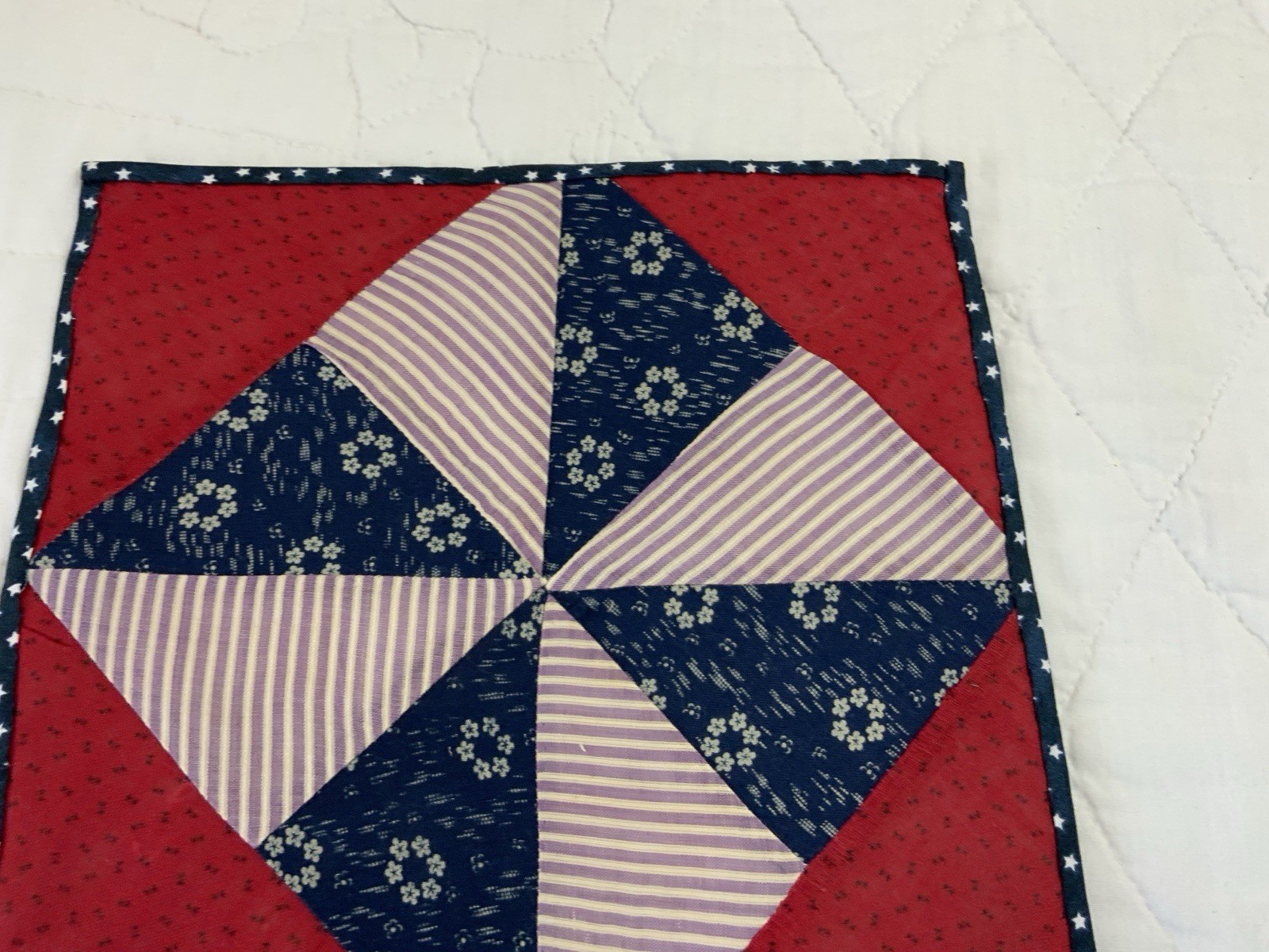 Antique Vintage Patchwork Quilt Table Topper, Pinwheel, Early Calicos, Red, Navy