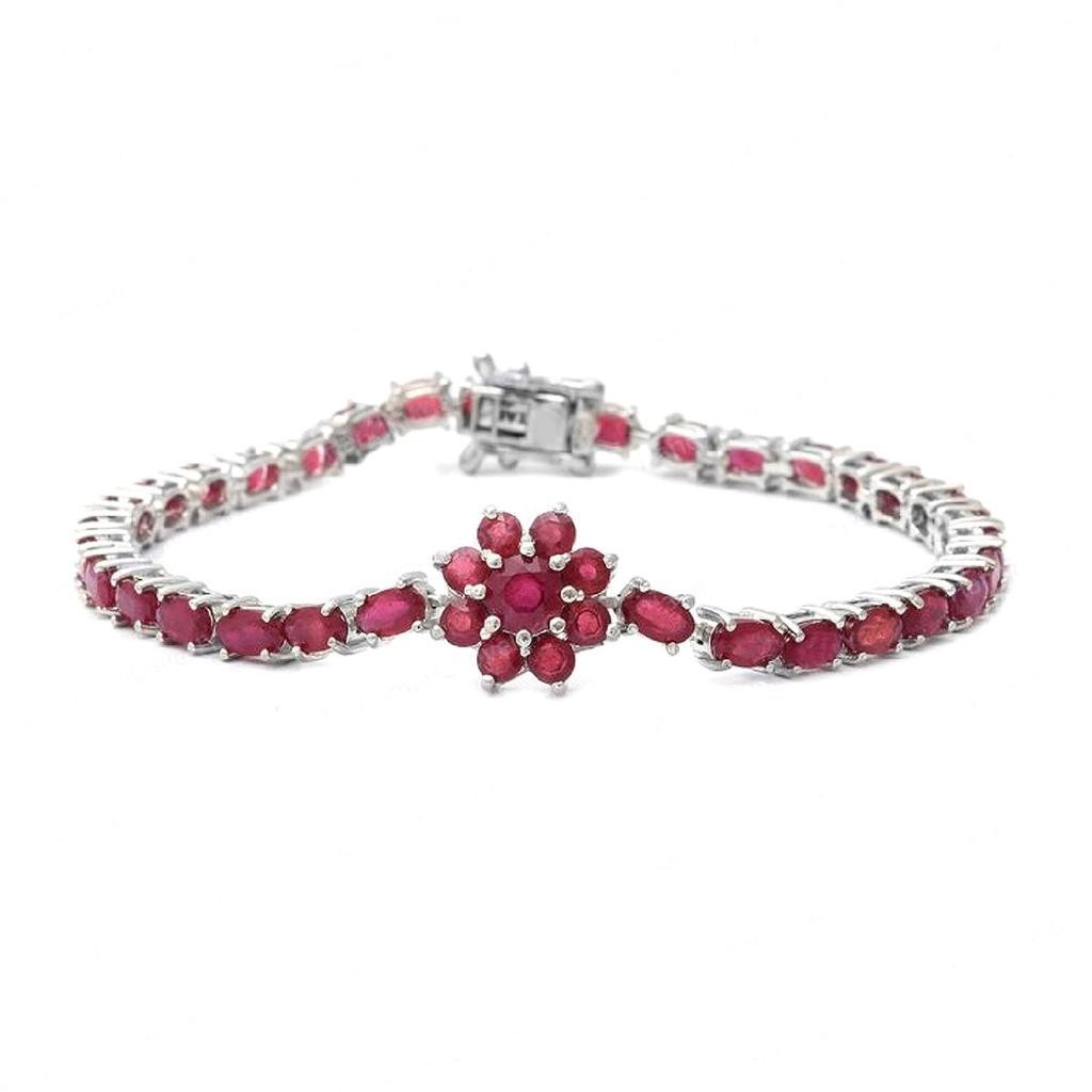 Red Ruby Gemstone 14K White Gold Over Women’s Flower Tennis Bracelet 7.5″ RARE