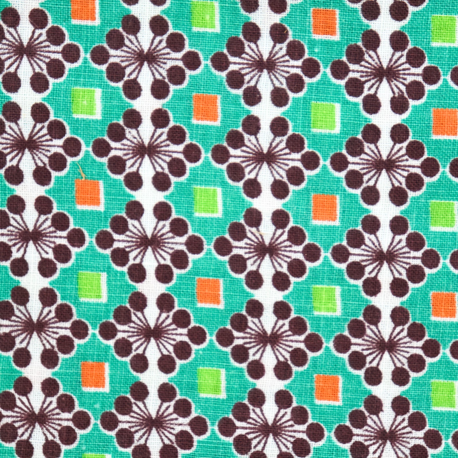 Vintage Feedsack Fabric Atomic Geo 1940s 1950s Old 21×18 Orange Green Brown