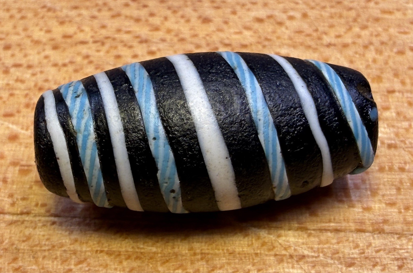 Black Venetian Fancy Bead w/white and blue/white braided trails African Trade