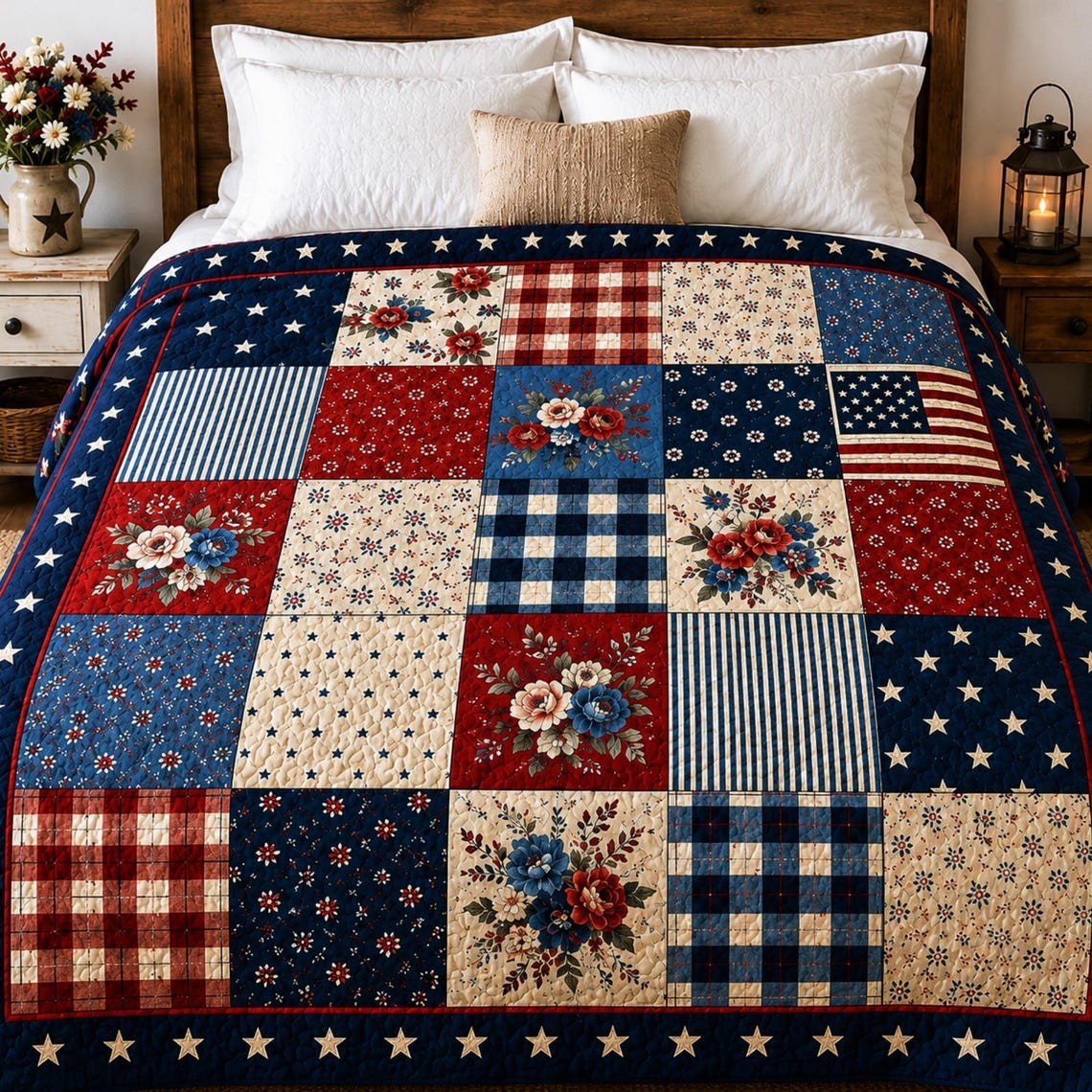 Patriotic Patchwork Quilt, Americana Floral Throw, Red White Blue Farmhouse
