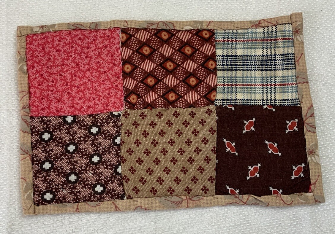 Vintage Antique Patchwork Quilt Table Topper, Four Patch, Early Calicos, Brown