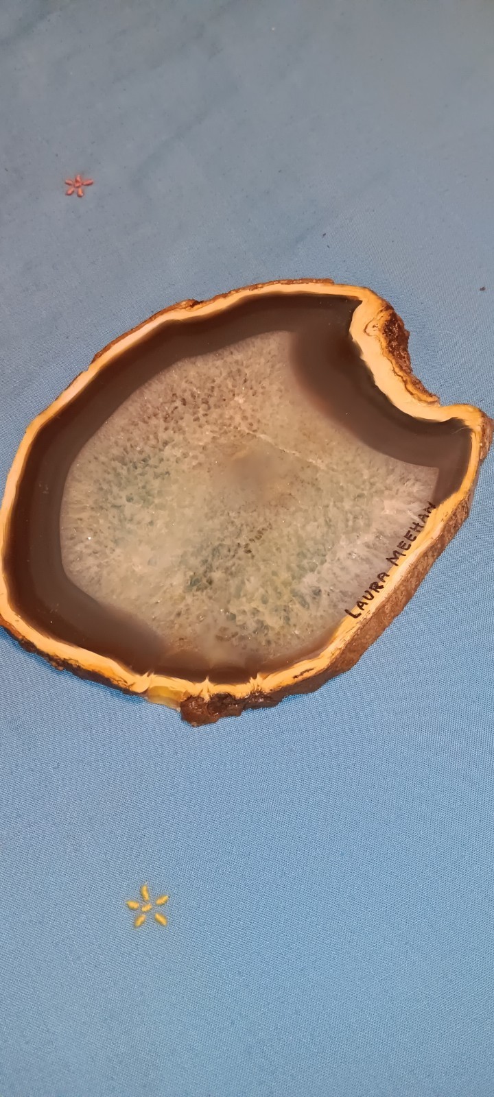 Hand-Painted Agate Slice MOUNTAIN ,LAKE SWAN–signed Laura Meeshan