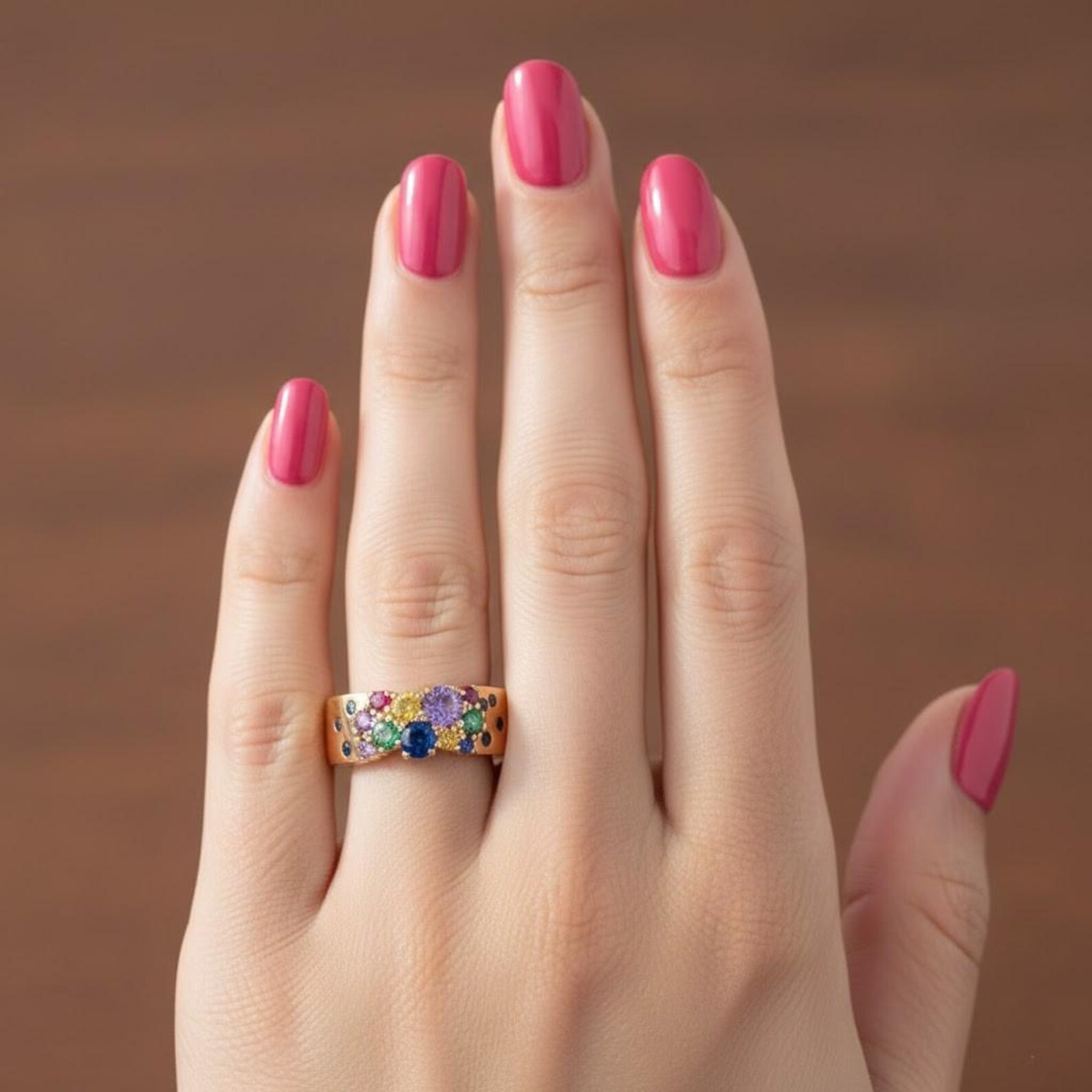 Flush Setting Scattered Multi-Gemstone 18K Yellow Gold Over Celestial Band Ring