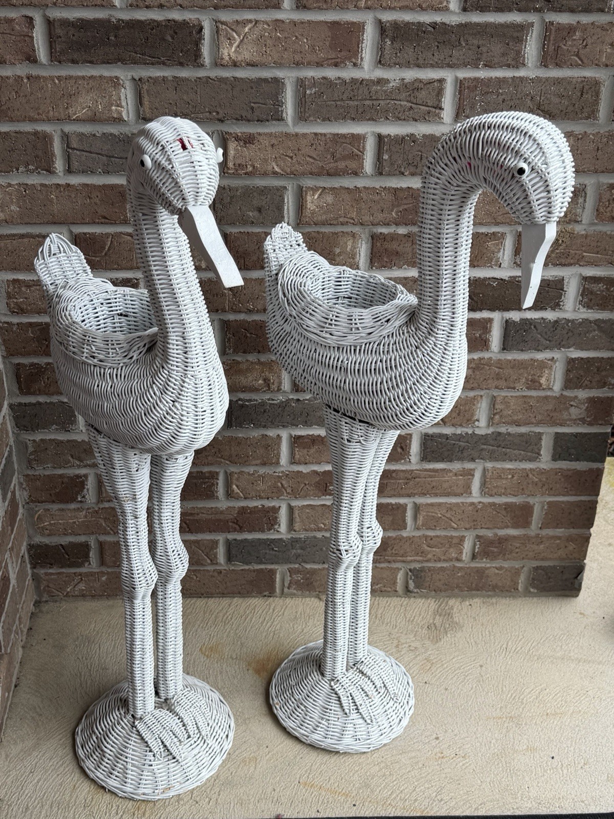 Vtg White Wicker Flamingo Planters (2) 36” Tall Porch Patio Indoor Outdoor Decor