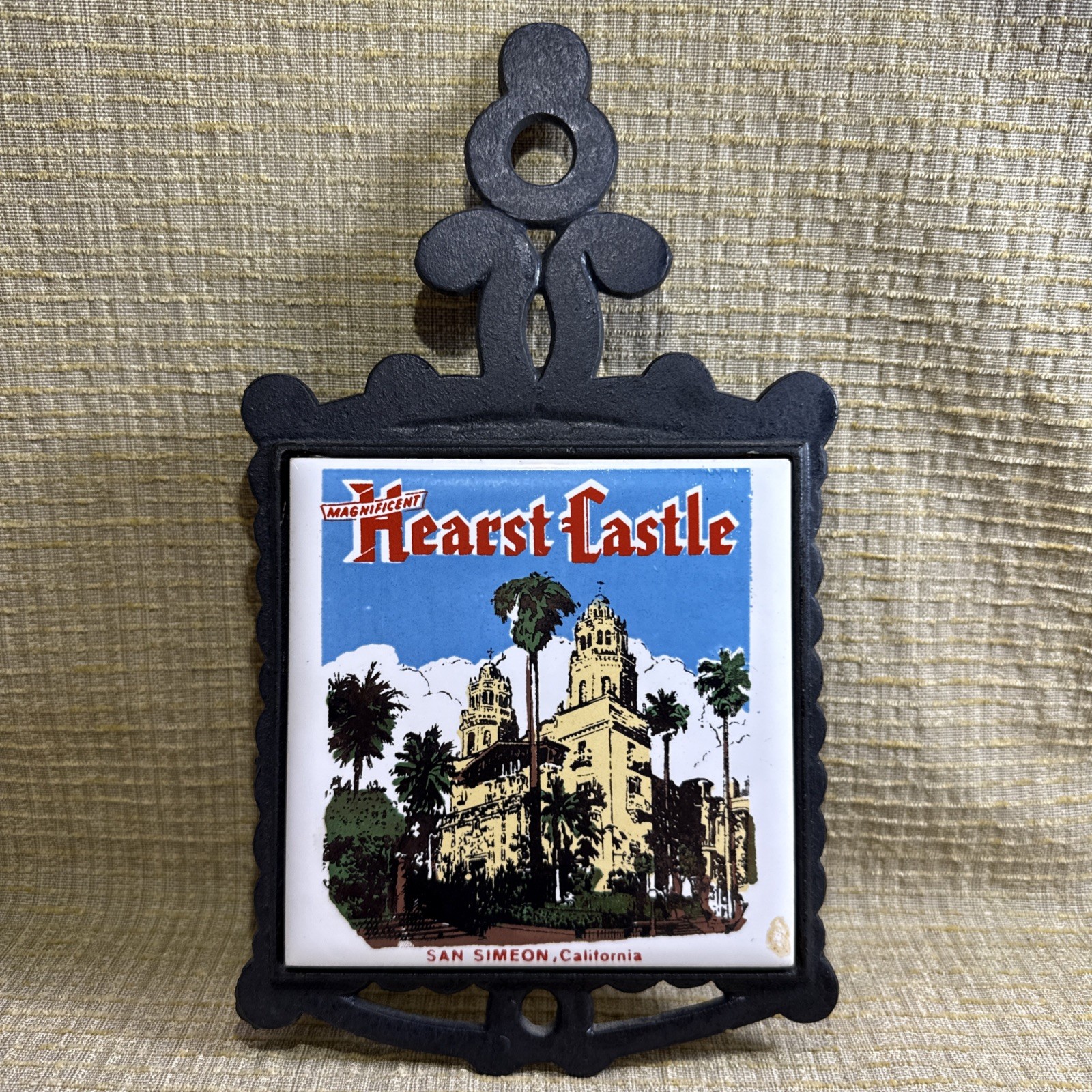 Vtg MCM Cast Iron Trivet Ceramic Tile Hot Plate San Simeon, California Taiwan