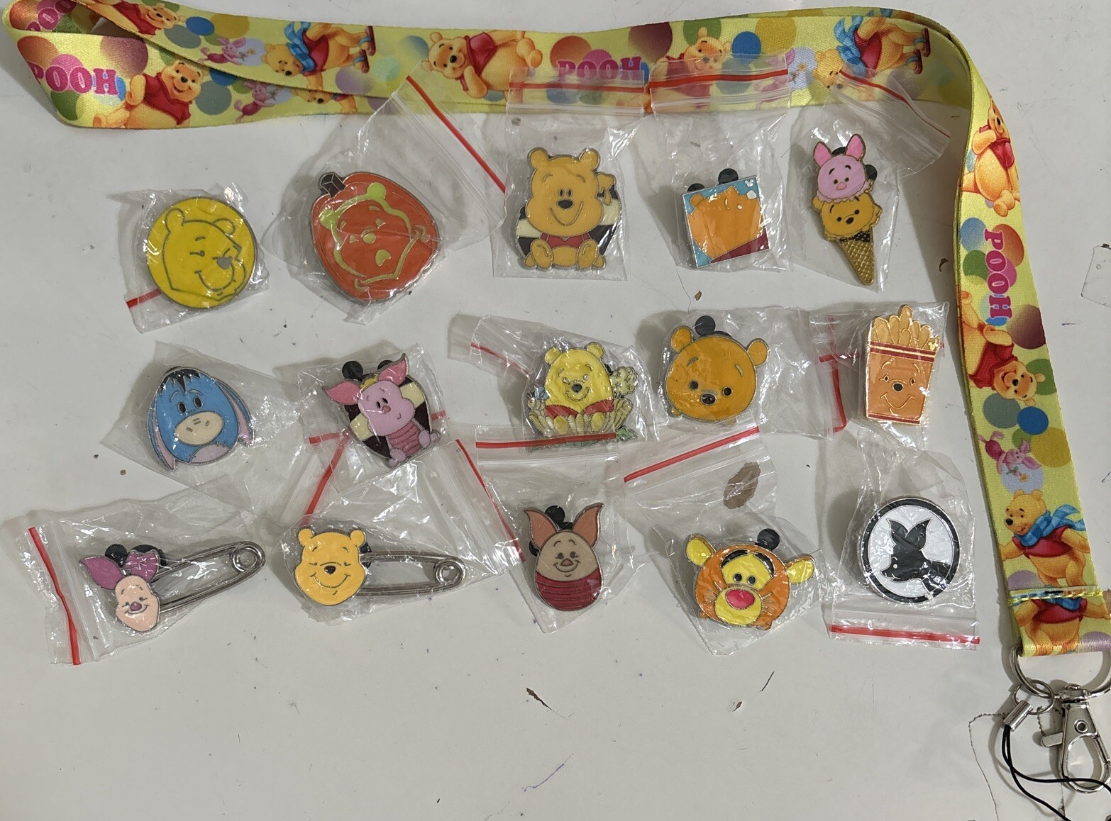 Disney WINNIE THE POOH & Friends EEYORE PIGLET pin lot of 15 w/Lanyard