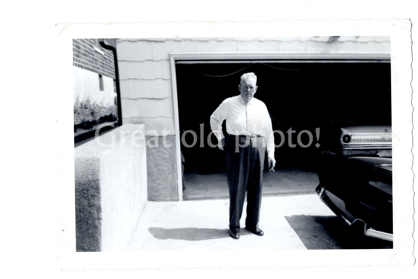 VINTAGE B&W PHOTO man by garage Classic cars Ford Fairlane 1960s Snapshot