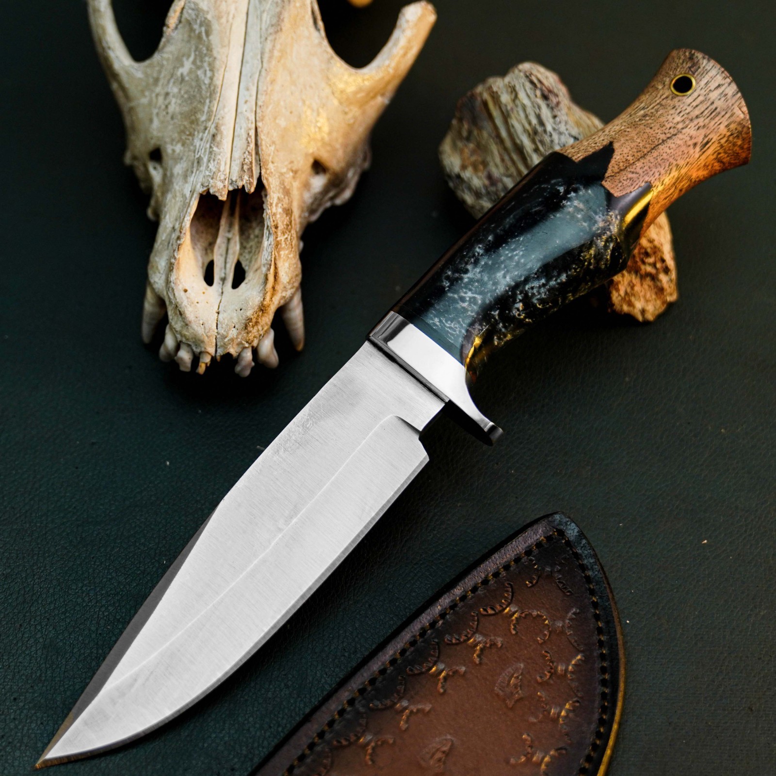 9.8″ D2 Tactical Knife Half Tang Resin Handle Fixed Blade Leather Sheath