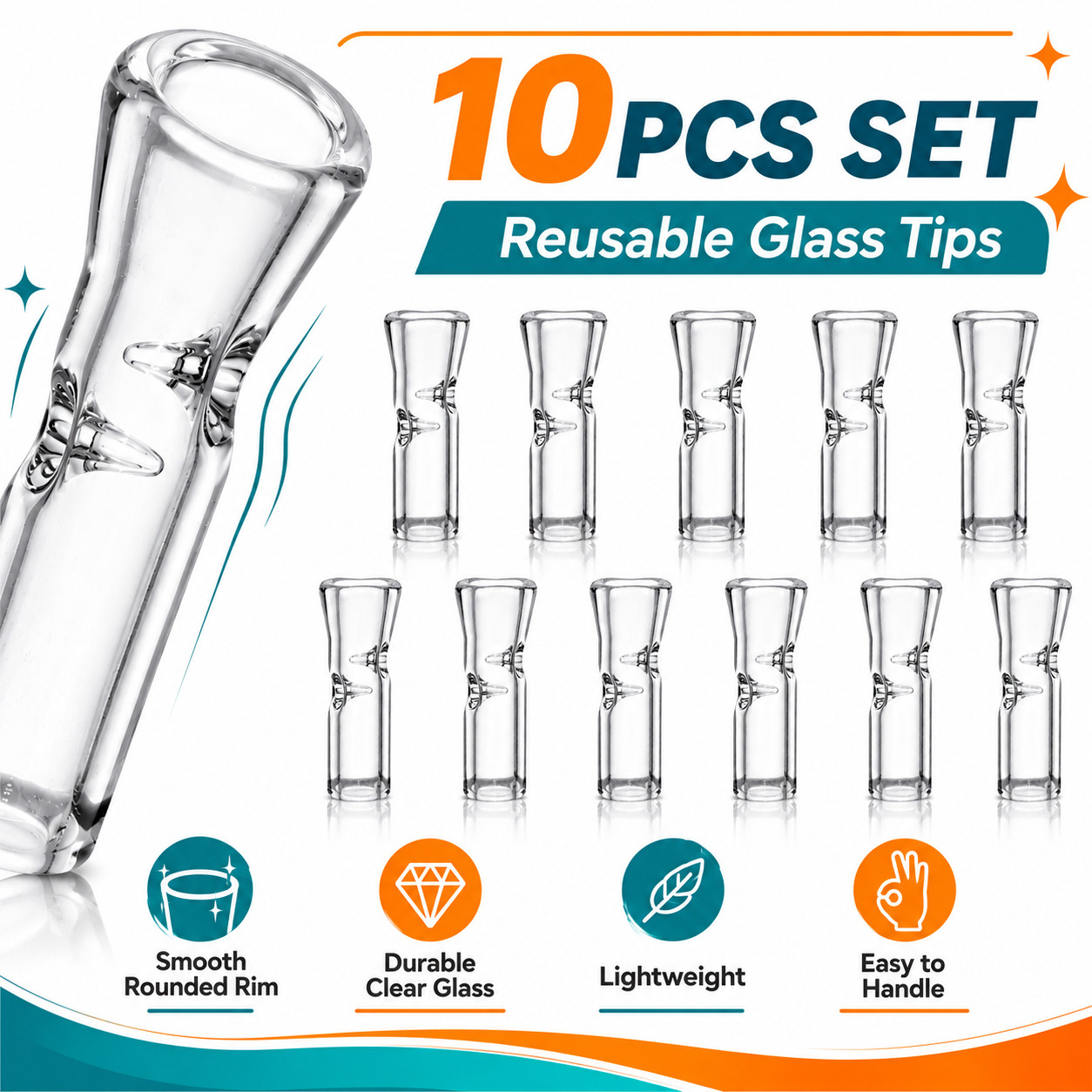 10PCS Medium Glass Rolling Tips for Cigarettes Clear Reusable Ø9mm OD 35mm Pack
