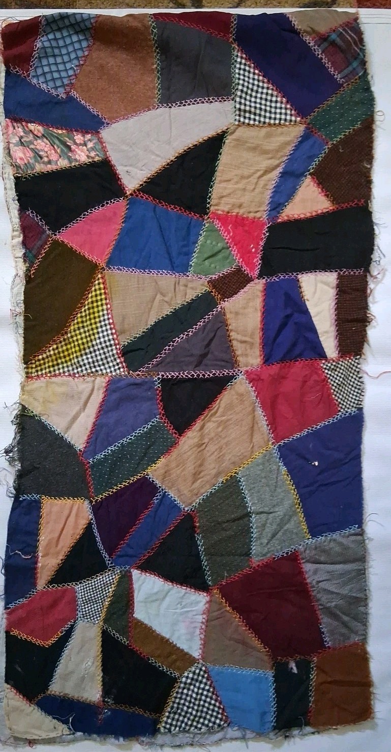 Vintage Handmade Crazy Quilt Multicolored Table Runner Unfinished 22″ X 90″