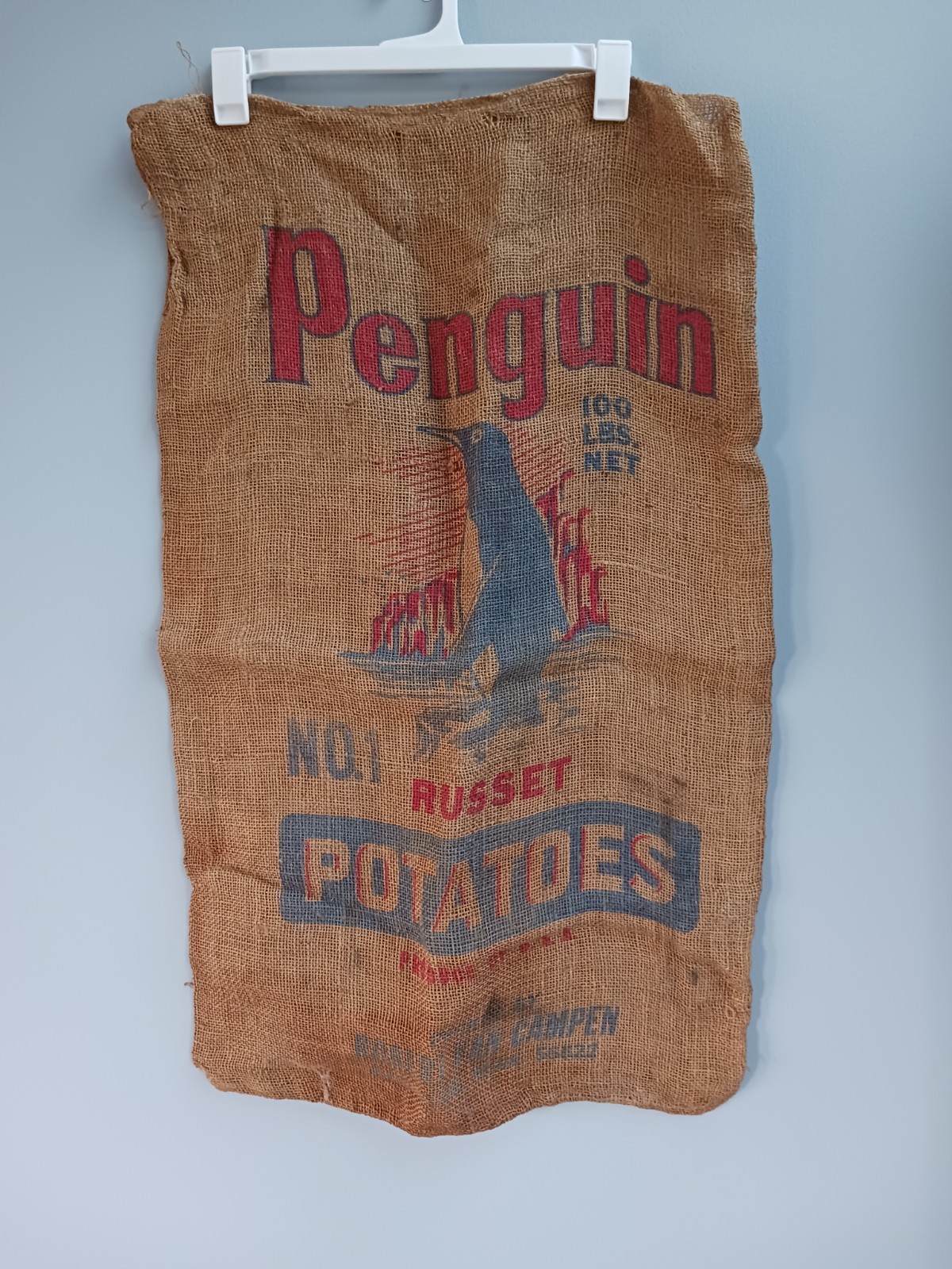Vintage Penguin Burlap Potato Sack 100 Lb No 1 Russet Ball Club Minnesota USA