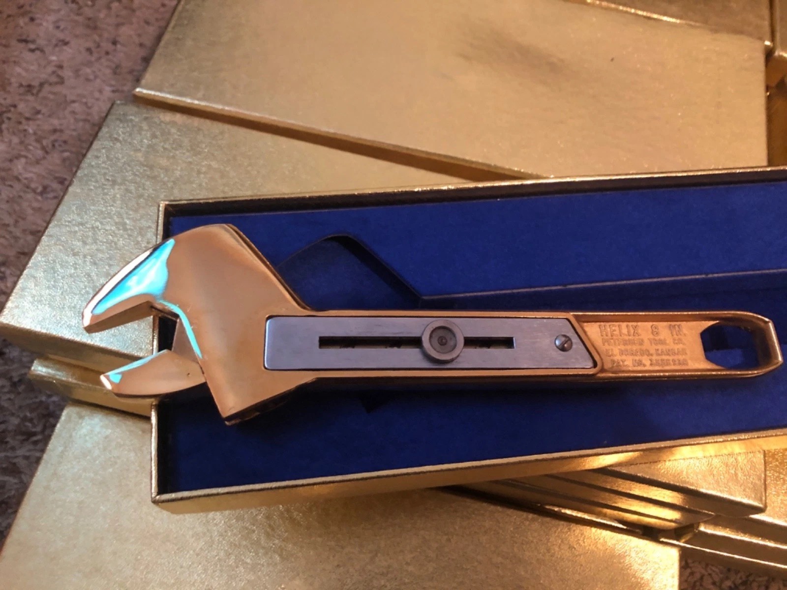 Vintage HELIX 8 inch Gold Tone Plated Adjustable Wrench ~ Petersen Tool Company