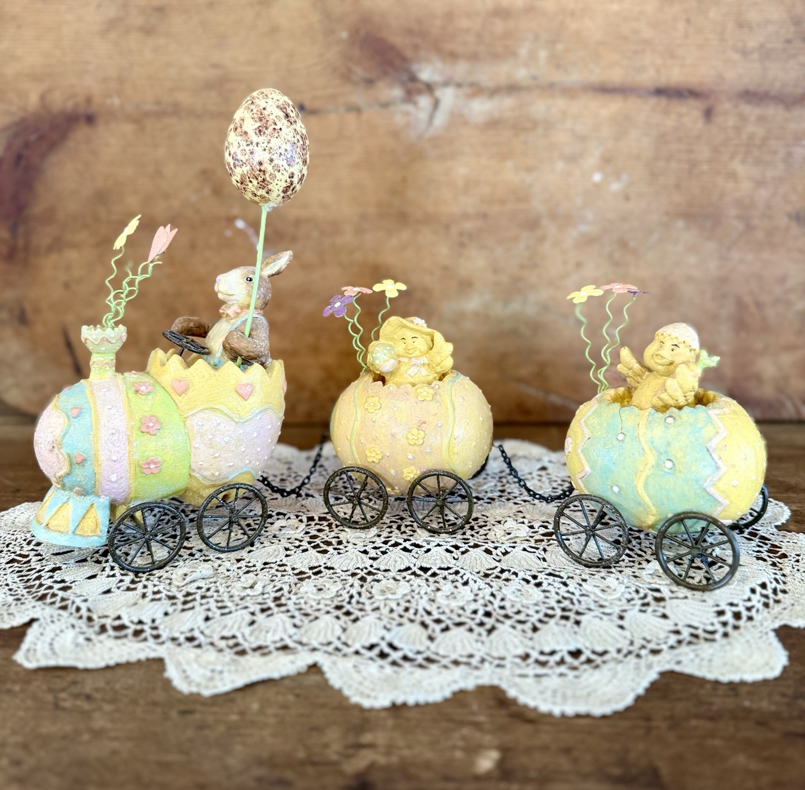 Whimsical Vintage Easter Bunny Egg Train Figurine – Pastel Cracked Eggs