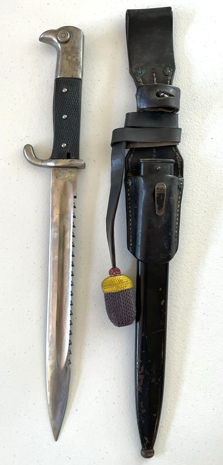 WW2 WWII German W.K.&C 3 Rivet Sawback Bayonet With Frog, Scabbard and Knot