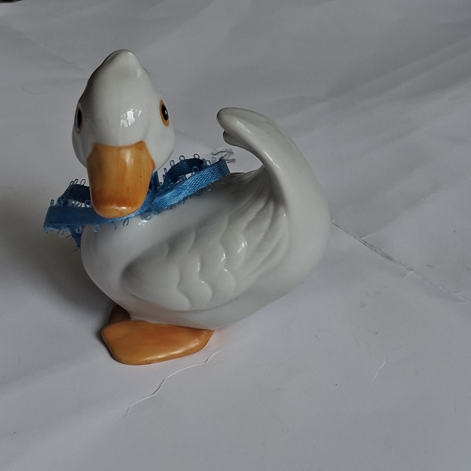 Vintage HOMCO Porcelain Duck Figurine #1414 Cottagecore Blue Bow 3″ Miniature