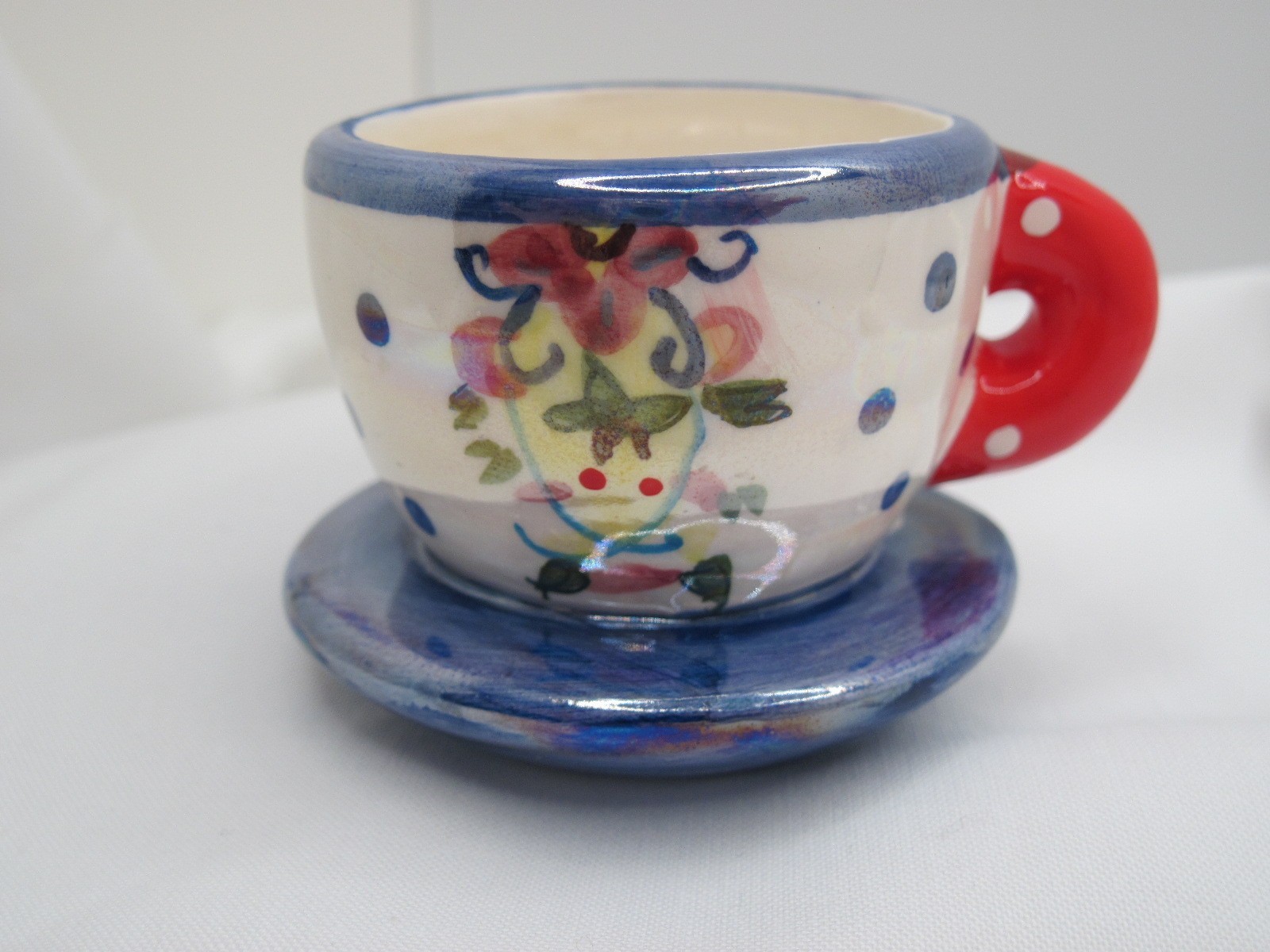 Miniature Tea Cup On Saucer Ornament Mary Englebreit Luster Polka Dots 80’s-90’s