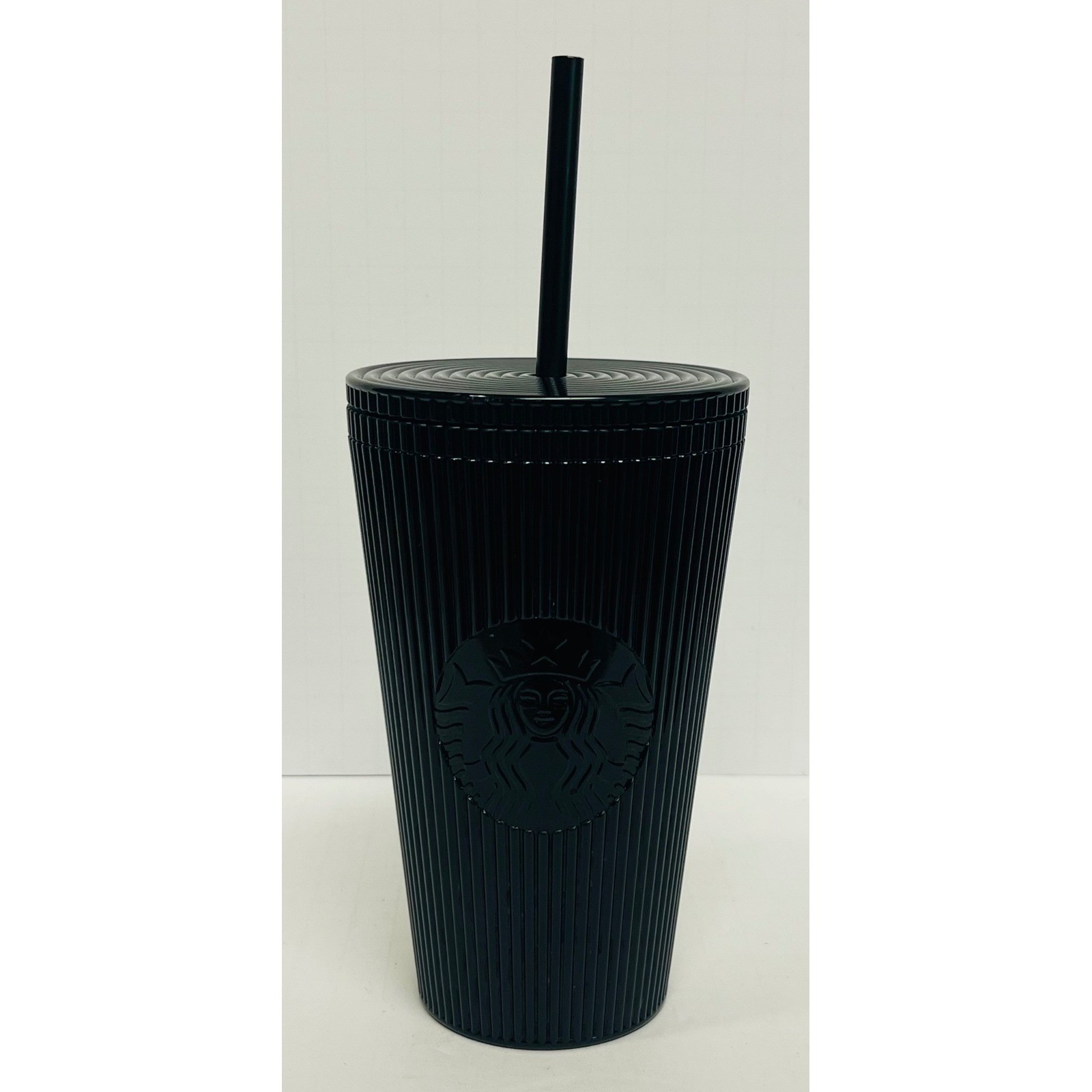 Starbucks Black Pleated Cold Cup Tumbler 16oz Siren Logo 011148655 w Straw 2024