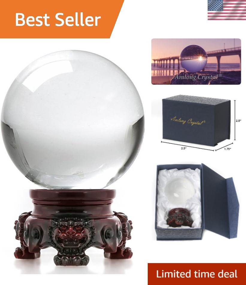 Alluring Crystal Ball with Redwood Lion Stand for Feng Shui & Photography
