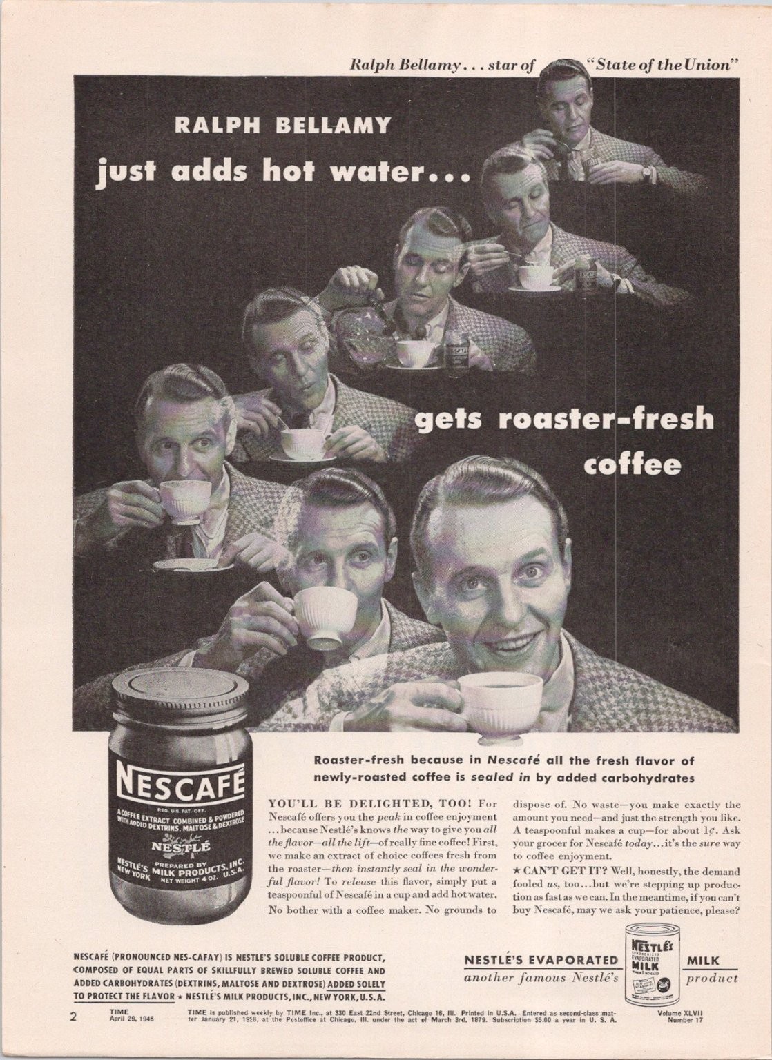 Nescafé 1946 Vintage Print Ad Ralph Bellamy Roaster-Fresh Coffee Jar