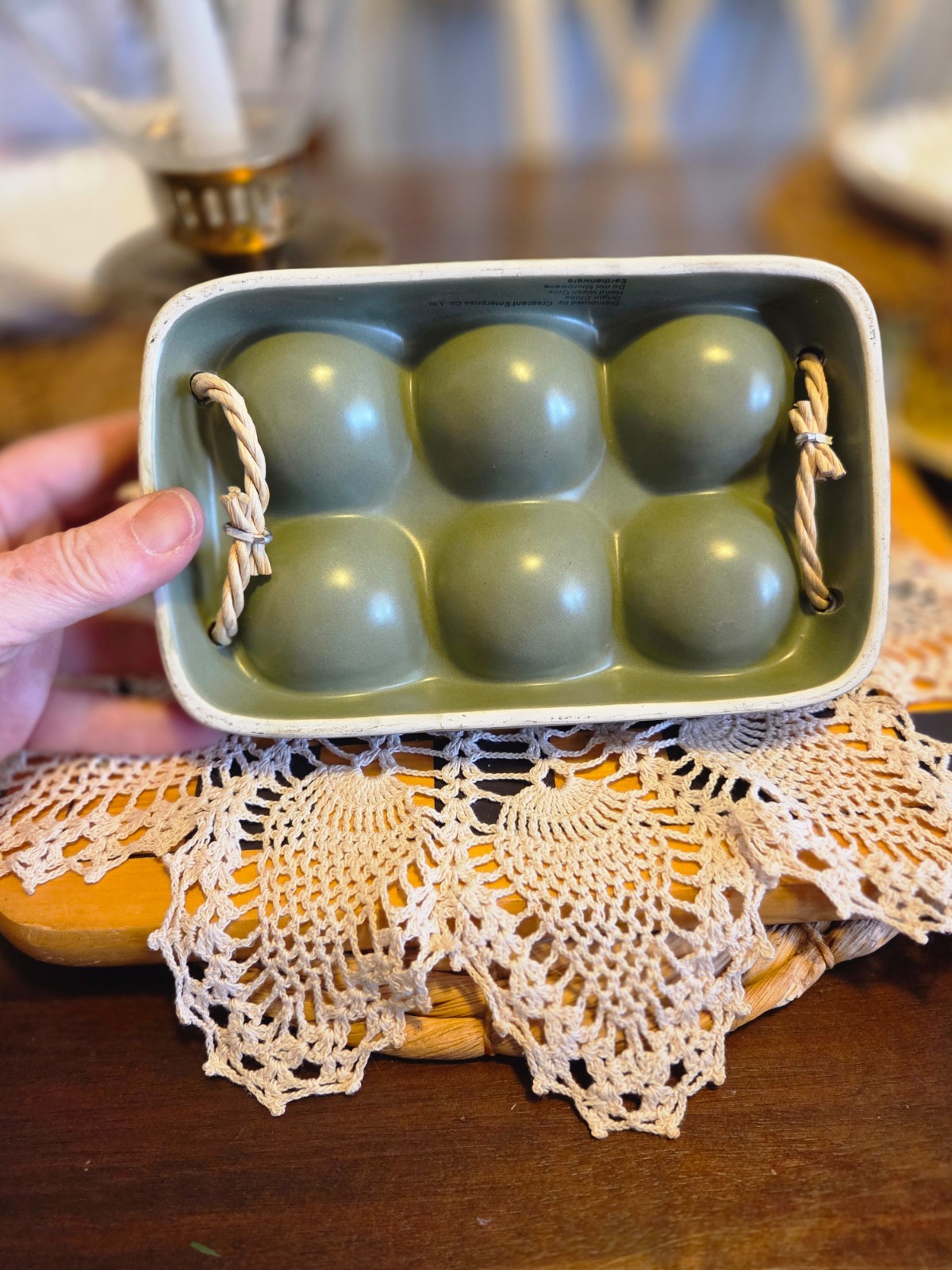 sage green ceramic earthenware egg holder with rope handles
