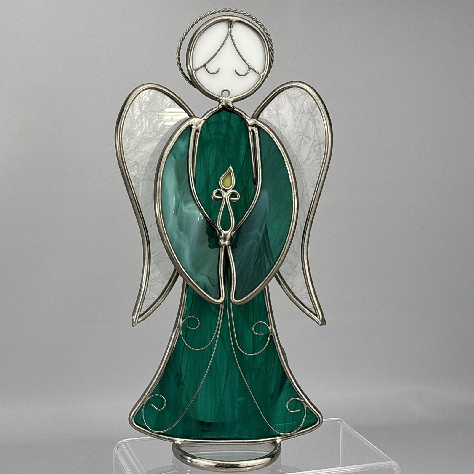 10″ Green Stained Glass & Metal Christmas Angel Sun Catcher Vtg Holding Candle