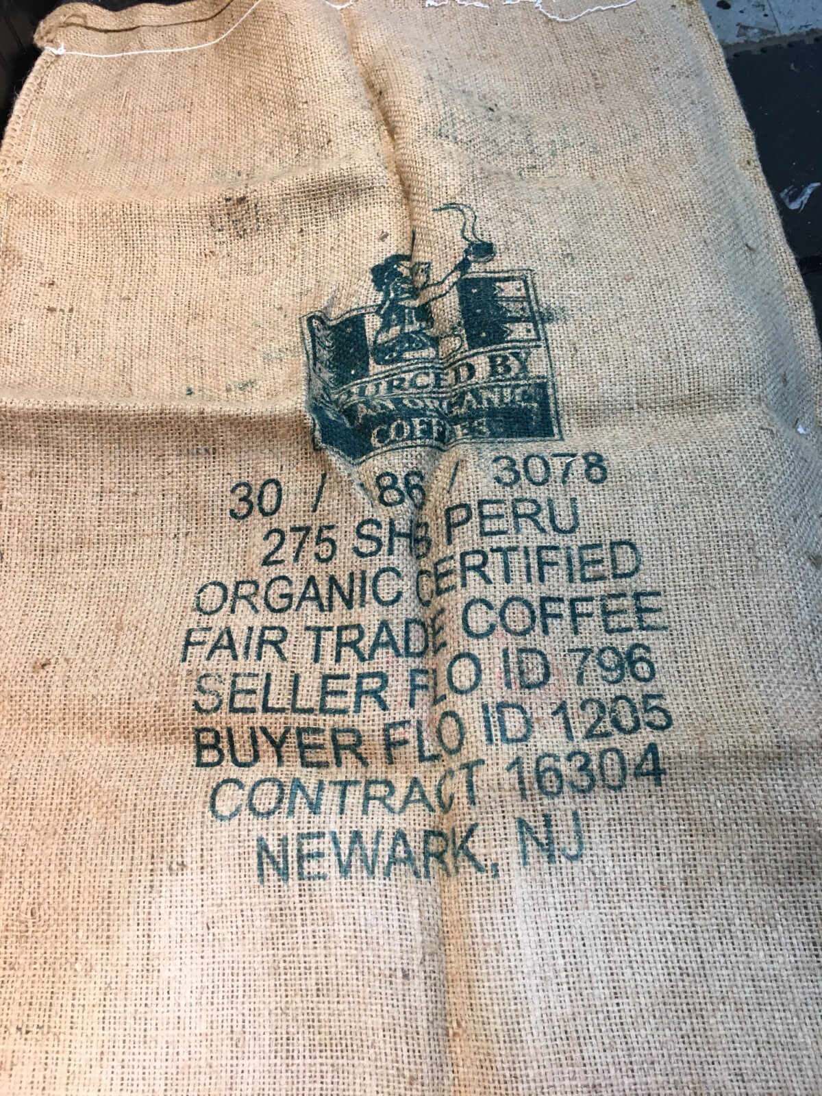 AUTHENTIC BURLAP JUTE COFFEE BAG COFFEE OF PERU 29in X 48in