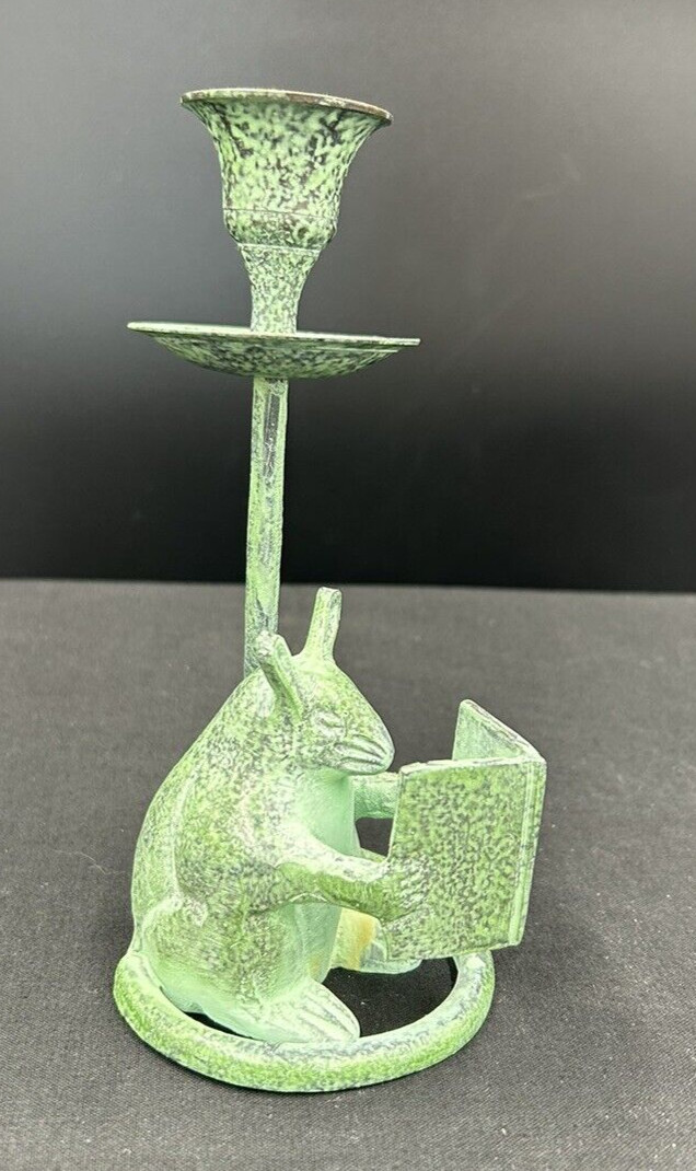 Vintage Mouse Reading a Book Green Patina Metal Candlestick Candle Holder 6″