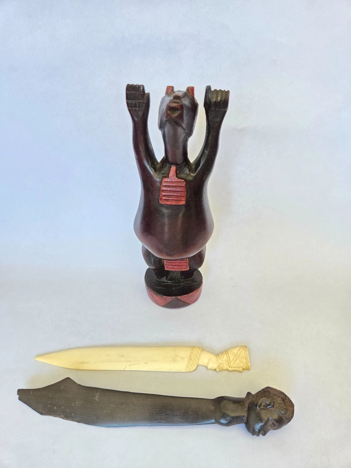Vintage African Hand Carved Wooden Figurine & Letter Opener Set of 3