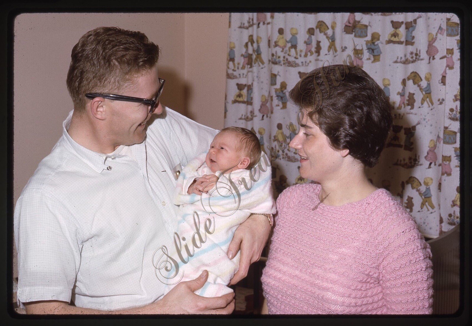 Man Glasses Baby Woman Newborn Americana 1960s Slide 35mm Kodachrome