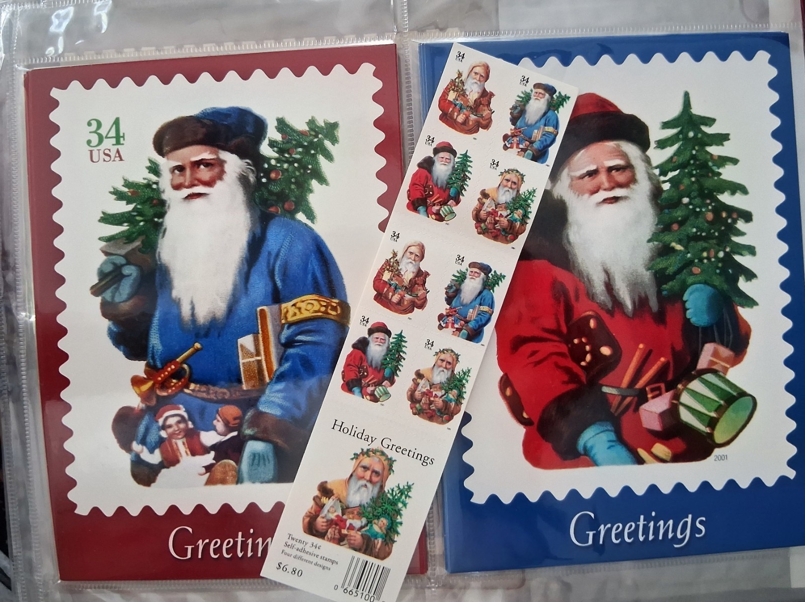 130+/- Postcards USPS Stamps: Santas w/Postage, 50 States in Album, Sleeves