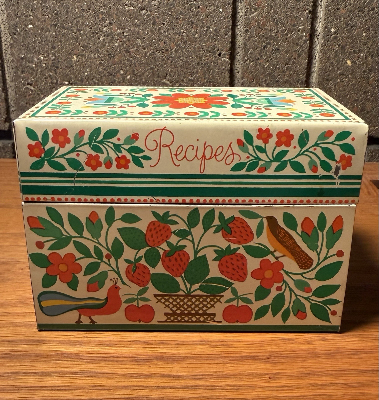 Vintage Hallmark Recipe Metal Tin Box Strawberries Birds Fruit Flowers Folk Art