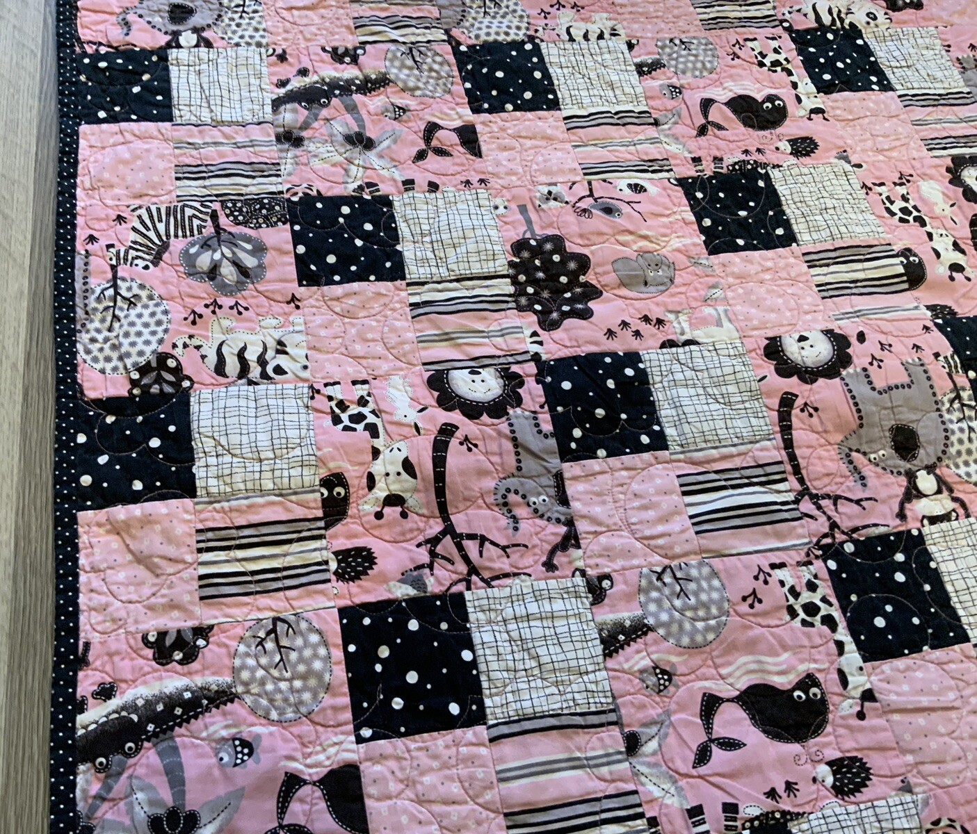 Patchwork Crib Quilt, Four Patch, Pink & Black, Whimsical Animal Print, Dots