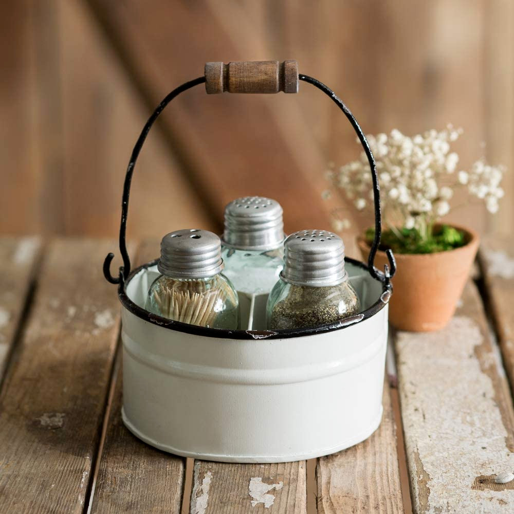 Ctw Home Collection Round Bucket Salt Pepper And Toothpick Caddy – White
