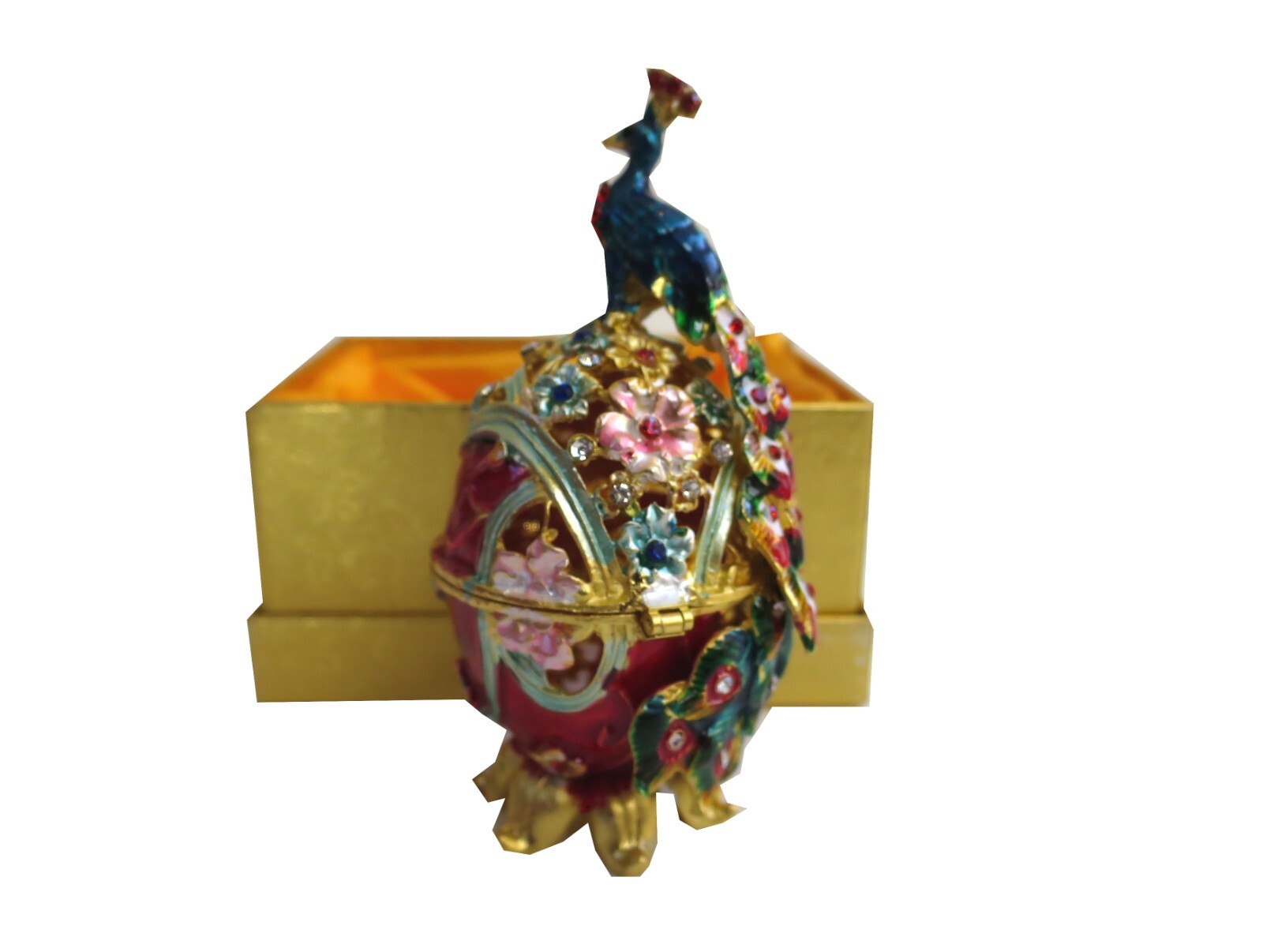 Bejeweled ” Peacock on Faberge Egg ” Hinged Metal Enamel trinket Box