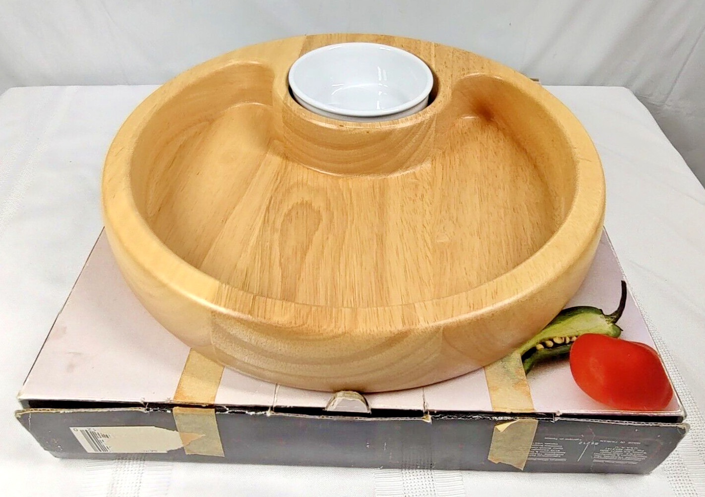 Winsome Wood Chip & Dip Serving Set Beechwood Tray Ceramic Bowl 12″ In Box 2 pc