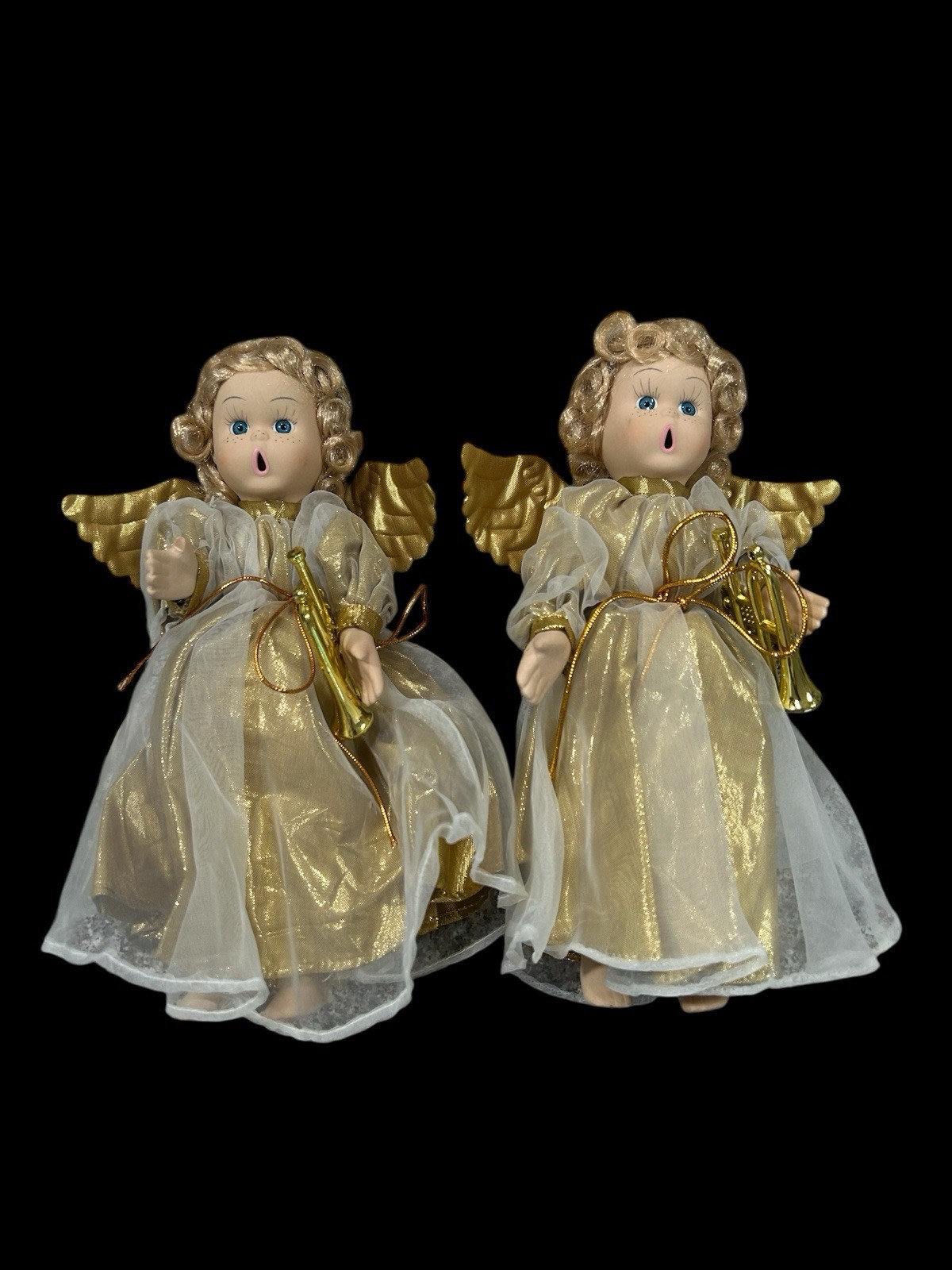 Vintage Sun Point 2 Porcelain Choir Angel Dolls 10” Gold Dresses Horns Holiday